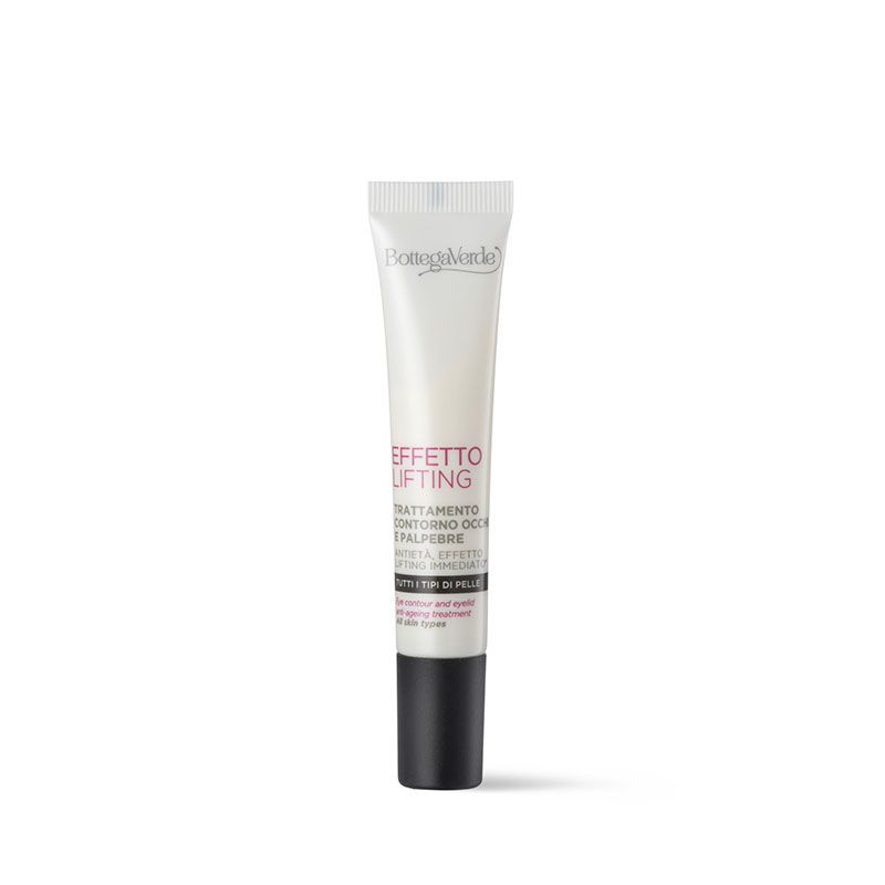 Tubo crema bianco con tappo nero. Scritta: Bottega Verde, Effetto Lifting, Trattamento contorno occhi e palpebre.