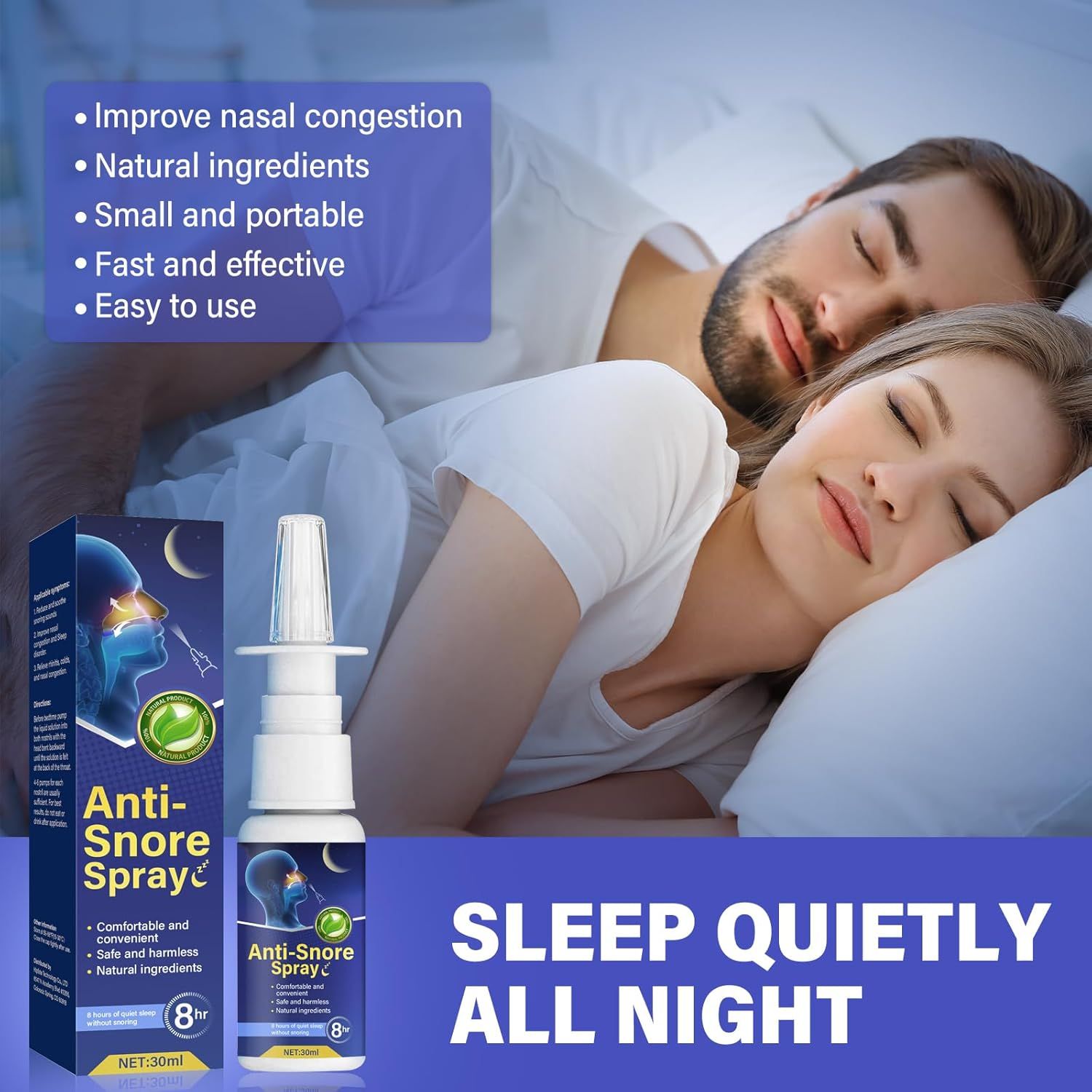 Flacone e confezione di spray nasale. Scritta: Anti-Snore Spray. Due persone che dormono sullo sfondo.