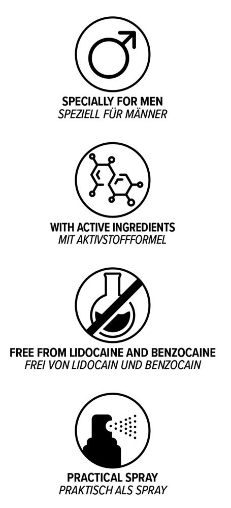 Grafica con simboli e testo. Specialmente per uomini, con ingredienti attivi, senza lidocaina e benzocaina, spray pratico.