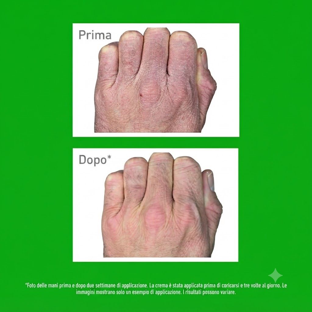 Confronto prima/dopo di mani secche dopo l'applicazione di O'Keeffe's Working Hands Crema mani.