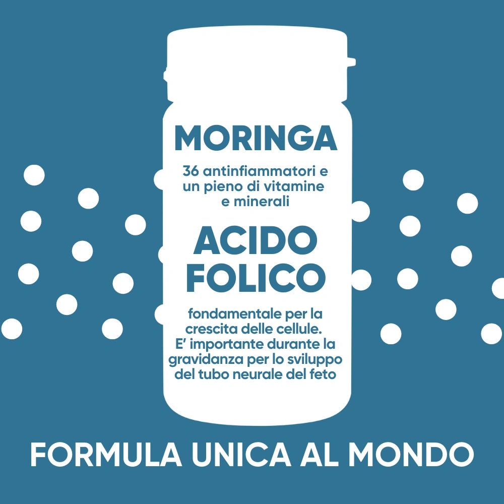 Flacone bianco con testo: MORINGA, Acido folico. Contiene vitamine e minerali. Formula per la gravidanza.
