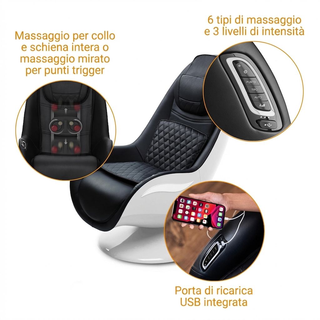 Poltrona massaggiante con dettagli: zone massaggio, controlli e porta di ricarica USB integrata.