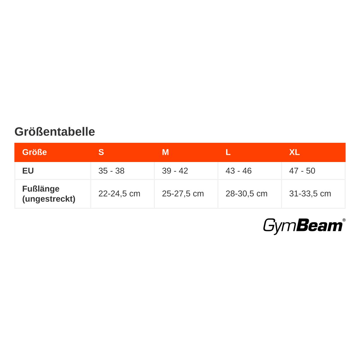 Tabella delle taglie per calze a compressione GymBeam: S, M, L, XL.