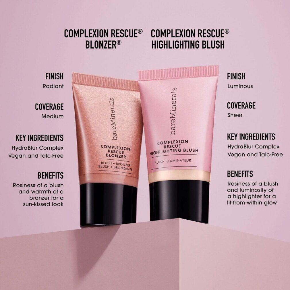 Due tubi con informazioni sul prodotto. Scritta: COMPLEXION RESCUE BLONZER e HIGHLIGHTING BLUSH. Testo: Finitura, copertura, ingredienti, benefici.