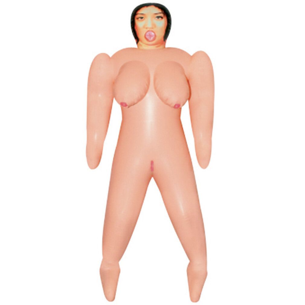 Bambola gonfiabile a figura intera. Materiale color carne. Capelli neri, bocca aperta. Seni, braccia, gambe.