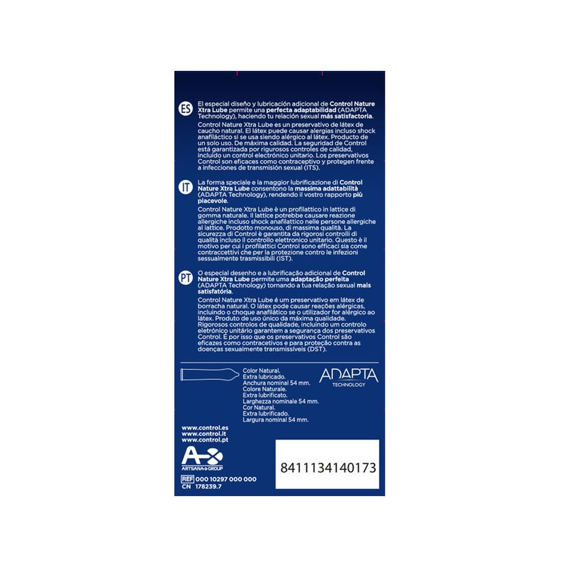 Retro della confezione dei preservativi Control Nature Xtra Lube. Contiene informazioni sul prodotto e certificazioni.
