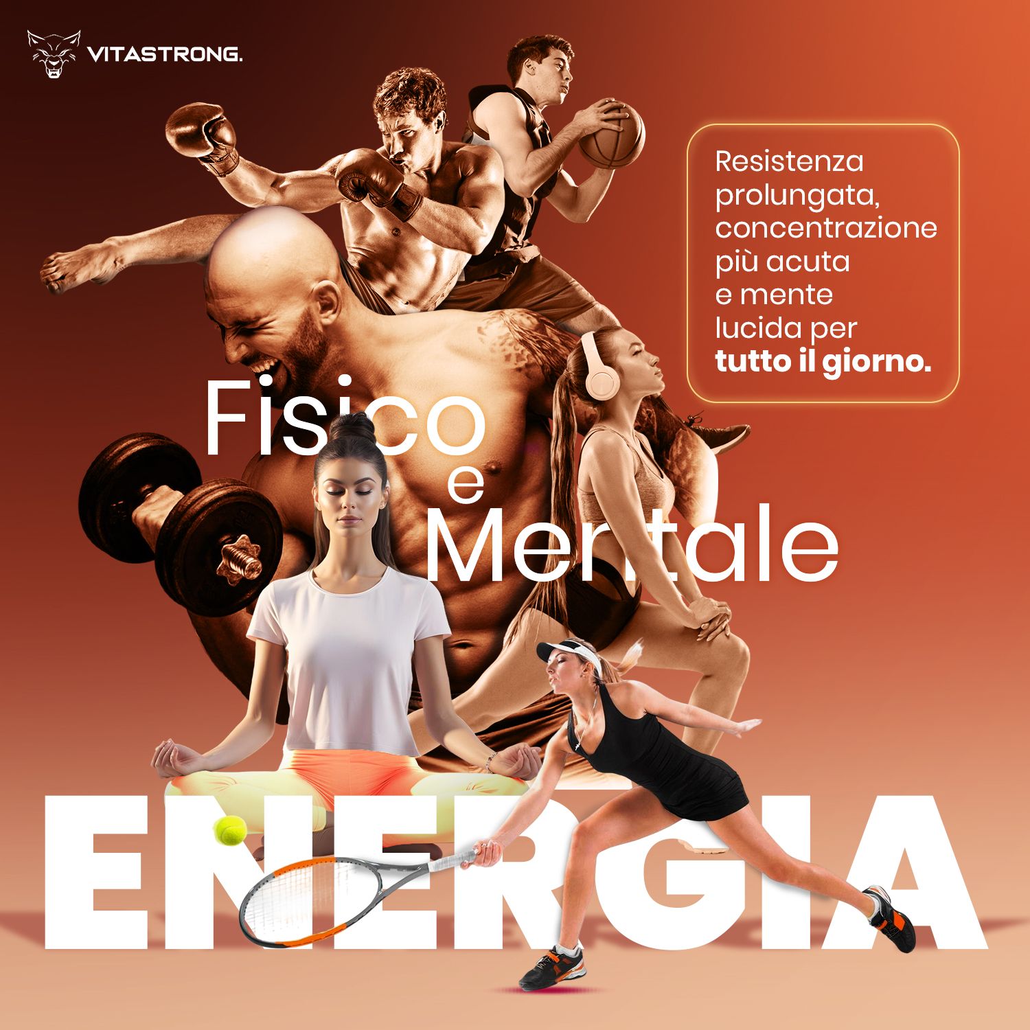 Lattina Vitastrong Energy. Atleti e praticanti yoga. Testo: Fisico e mentale. Energia.