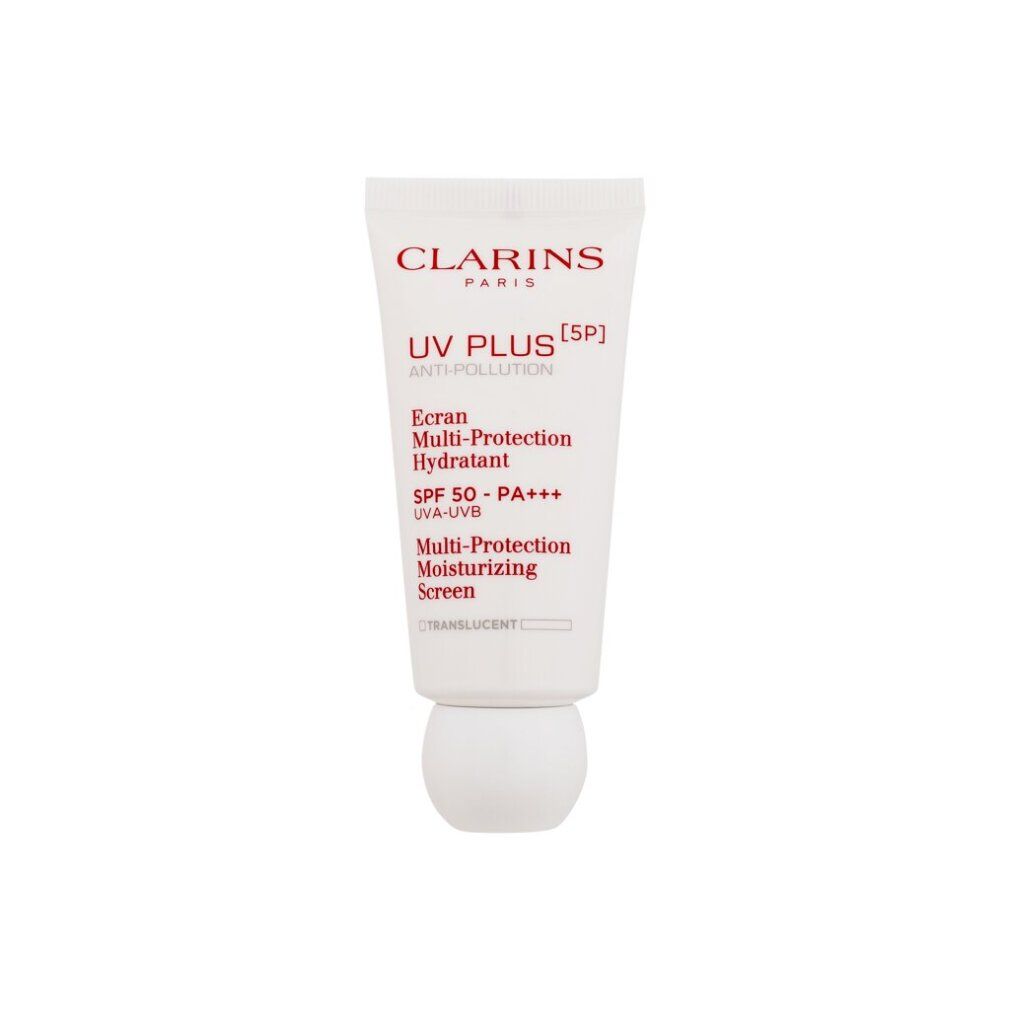 Tubo bianco con testo rosso. Prodotto: Clarins UV Plus [5P]. Scritto: Multi-Protection, SPF 50, UVA-UVB.