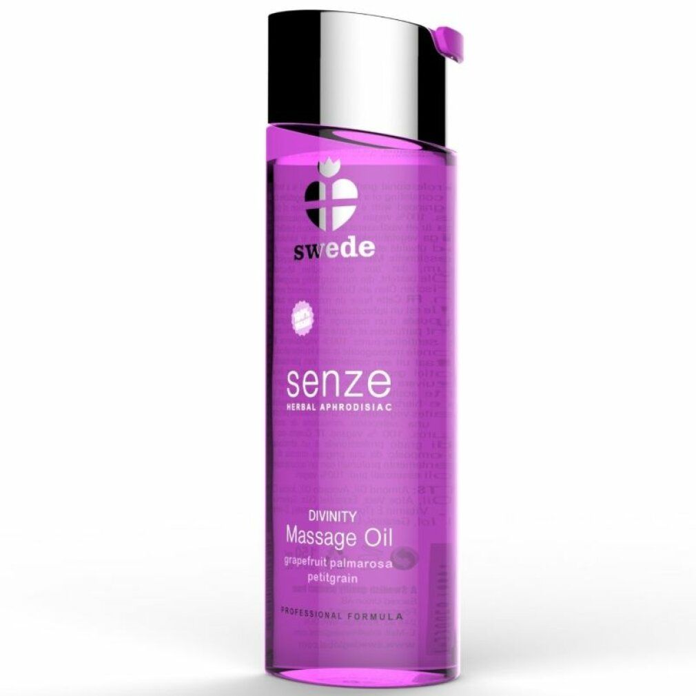 Flacone viola con tappo argentato. Scritte: swede, senze, Massage Oil. Contiene pompelmo e petitgrain.