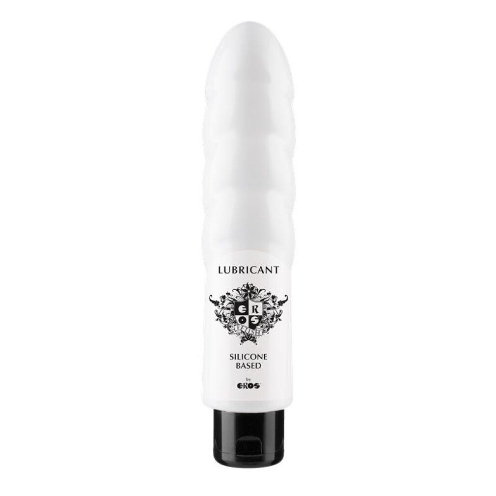 Flacone bianco con design a dildo a coste, contenente lubrificante a base di silicone.
