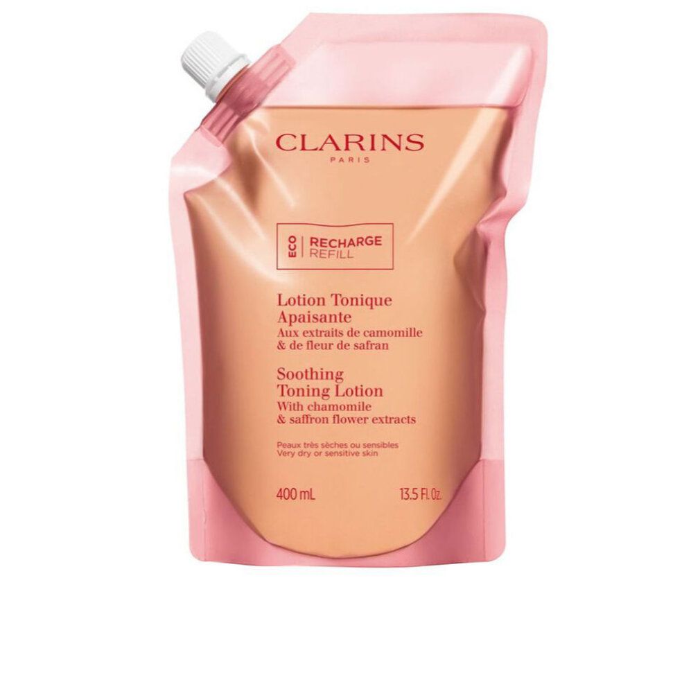 Ricarica. Sacchetto rosa con tappo bianco. Testo: Clarins, Lotion Tonique Apaisante, 400 ml.