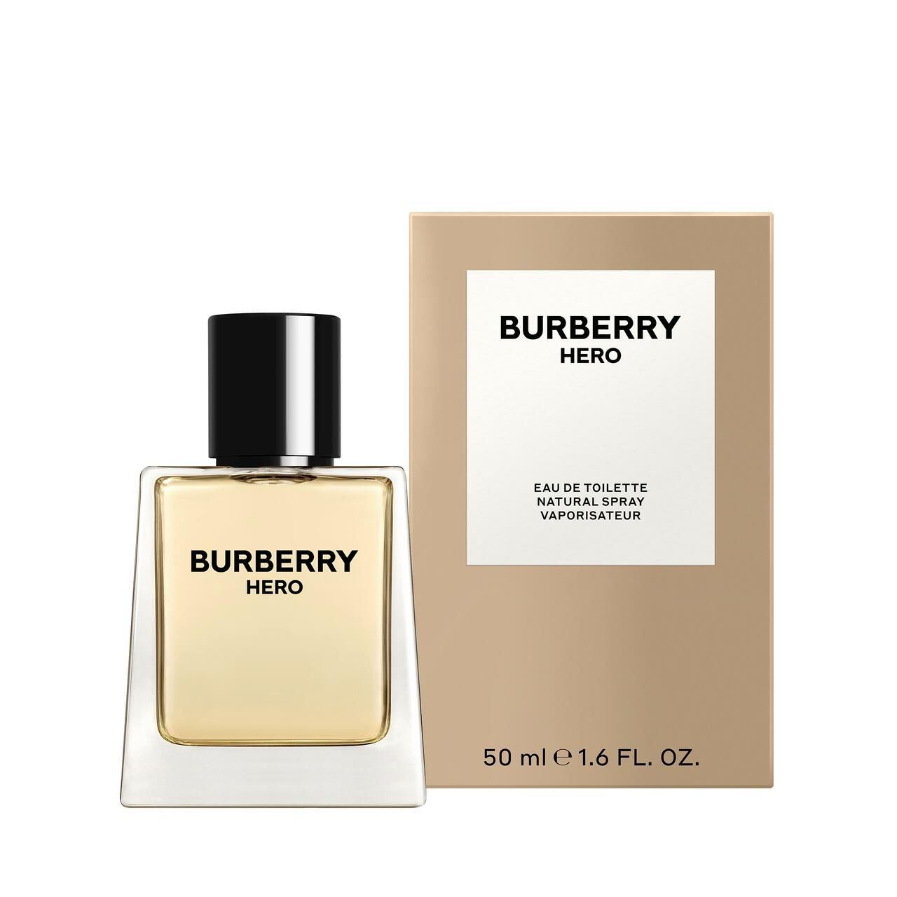 Flacone e confezione Burberry Hero Eau de Toilette. Quadrato, trasparente, tappo nero. Scritta Burberry Hero.