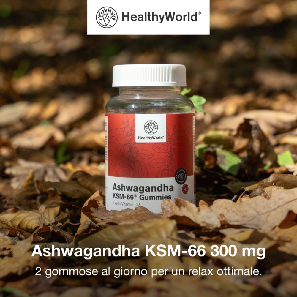 Flacone Ashwagandha KSM-66 300 mg. 2 caramelle gommose al giorno per un relax ottimale.