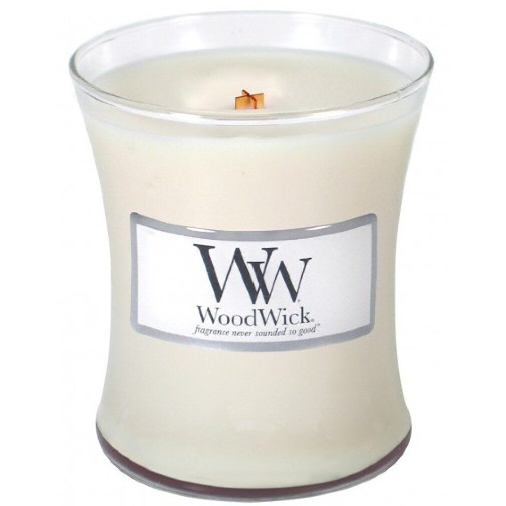 Candela a forma di clessidra con etichetta. L'etichetta dice "WoodWick".
