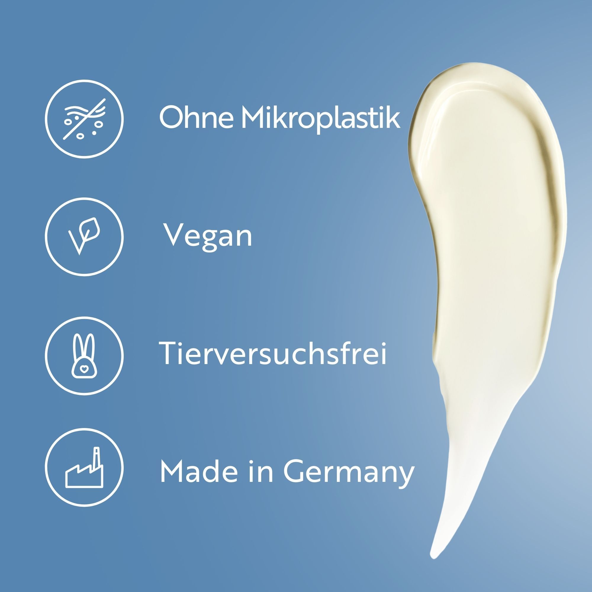 Filo di crema. Testo: Senza microplastiche, Vegano, Cruelty-free, Made in Germany.
