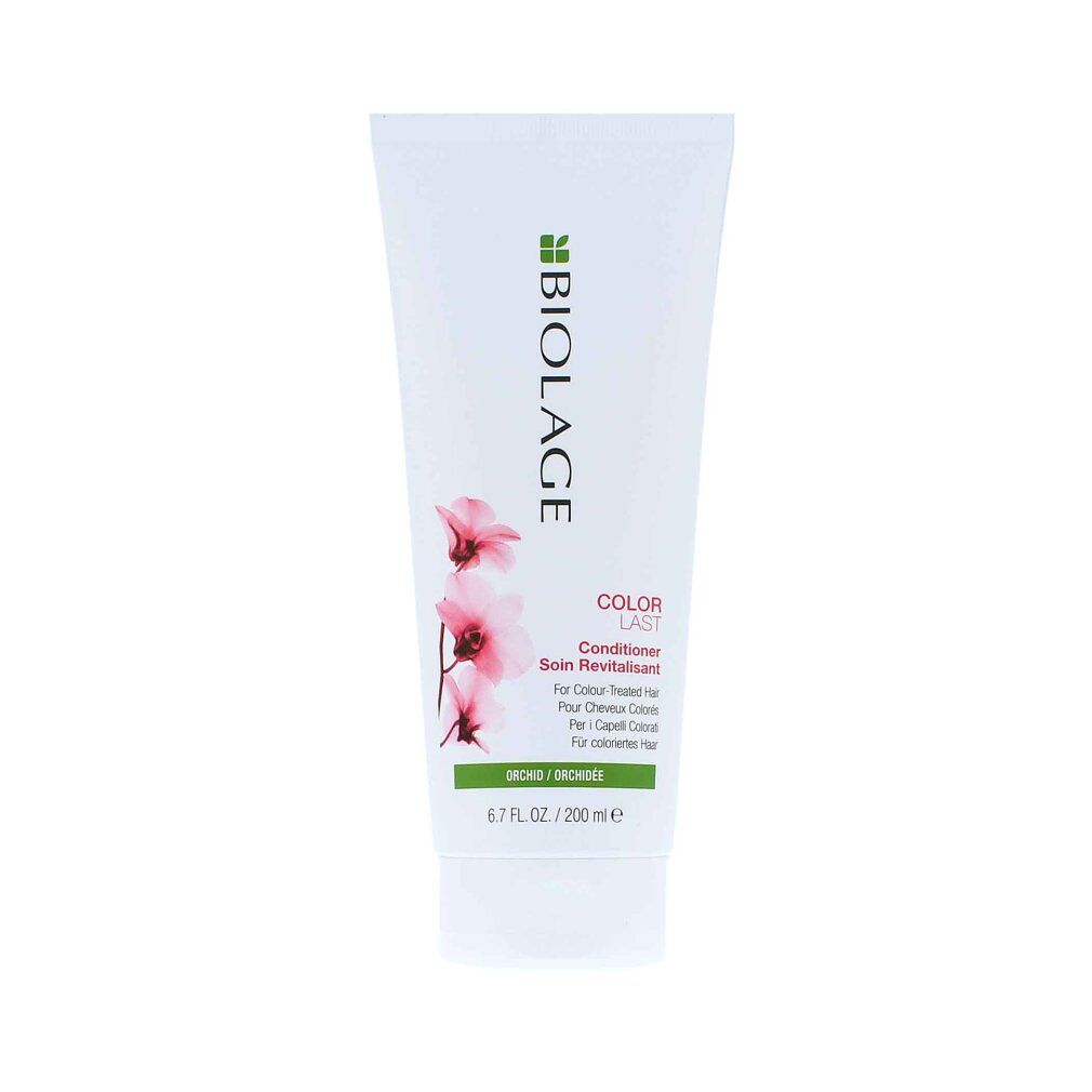 Tubo di balsamo bianco con logo Matrix Biolage, testo ColorLast e illustrazione di orchidee.