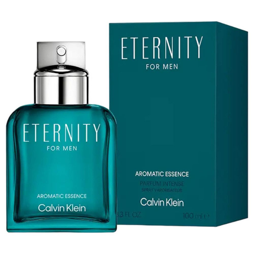 Flacone e confezione turchese. Scritta: Eternity for Men, Aromatic Essence, Calvin Klein. 100 ml.