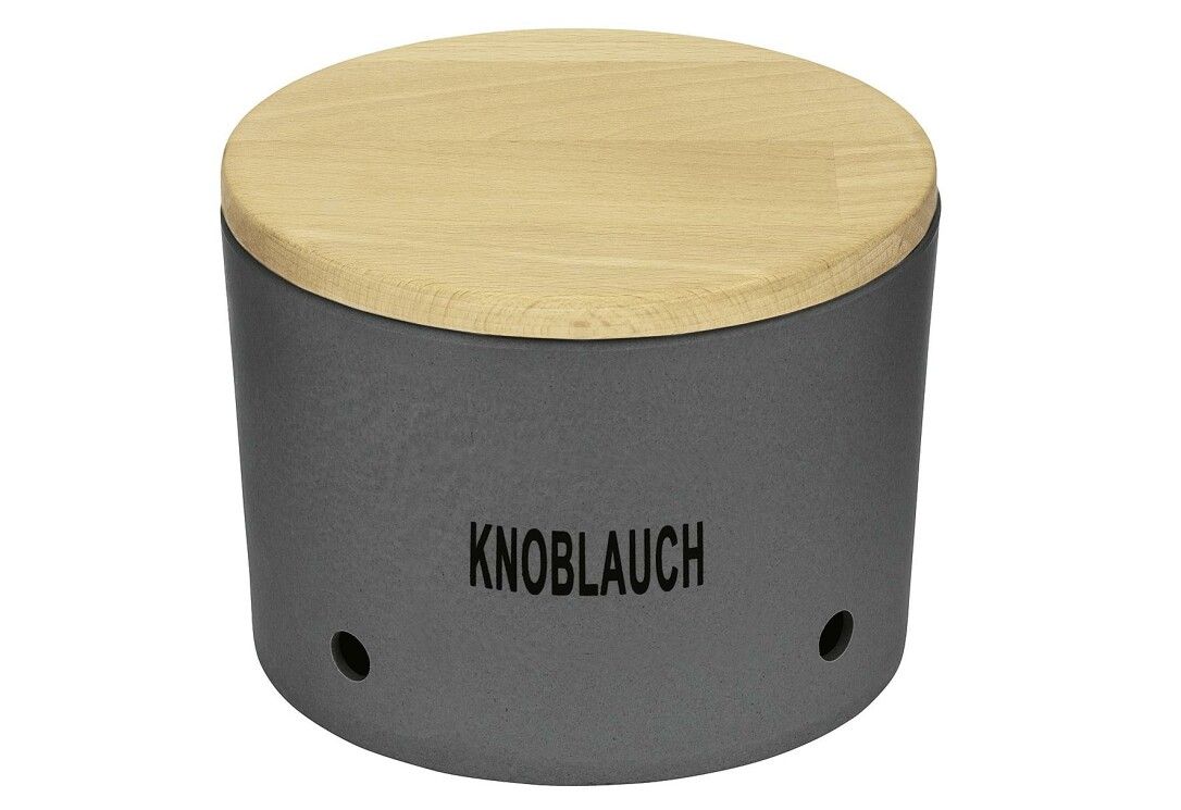 Vaso per aglio grigio con coperchio in legno. Scritta "KNOBLAUCH". Forma cilindrica con due piccoli fori.