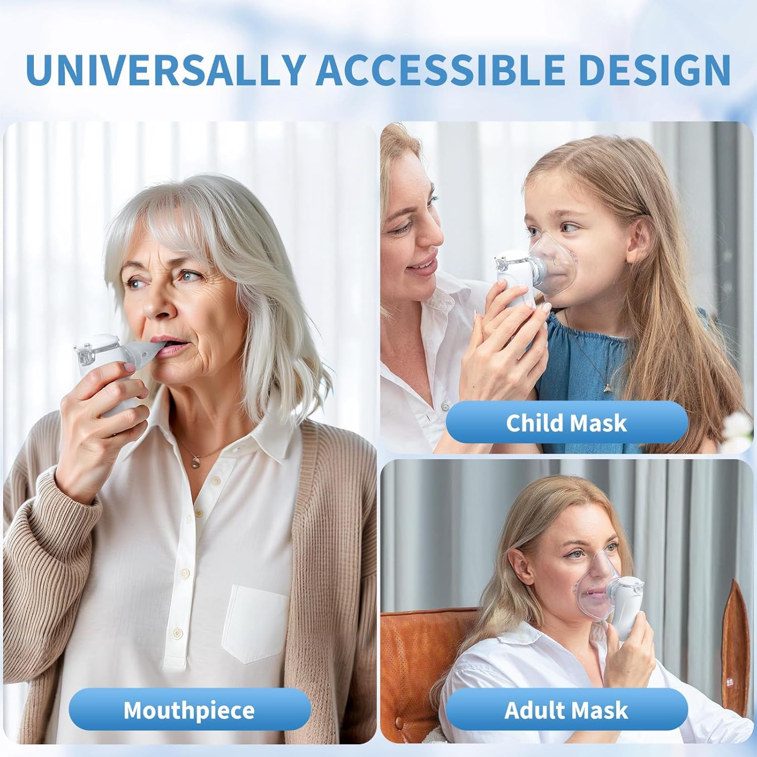 Tre persone con inalatori. Testo: UNIVERSALLY ACCESSIBLE DESIGN. Boccaglio, maschera per bambini, maschera per adulti.