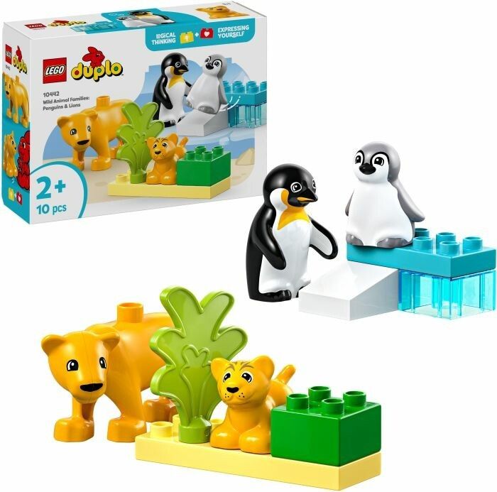 Set LEGO DUPLO con leoni, pinguini e blocchi. Confezione mostra il prodotto. 2+ anni. 10 pezzi.