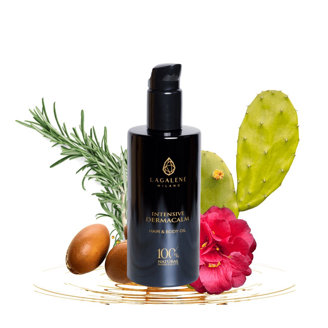 Flacone nero con scritta: Intensive DermaCalm Oil, 100% Natural. Logo Lagalene Milano. Con piante e frutta.