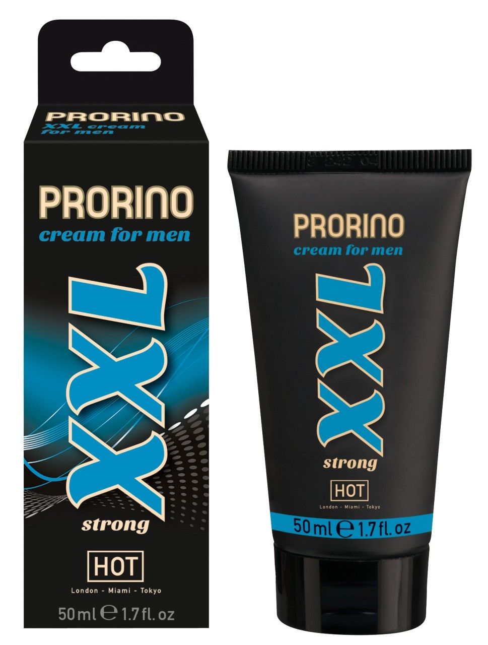 Tubo e confezione XXL Cream for men. Design nero con accenti blu "XXL".