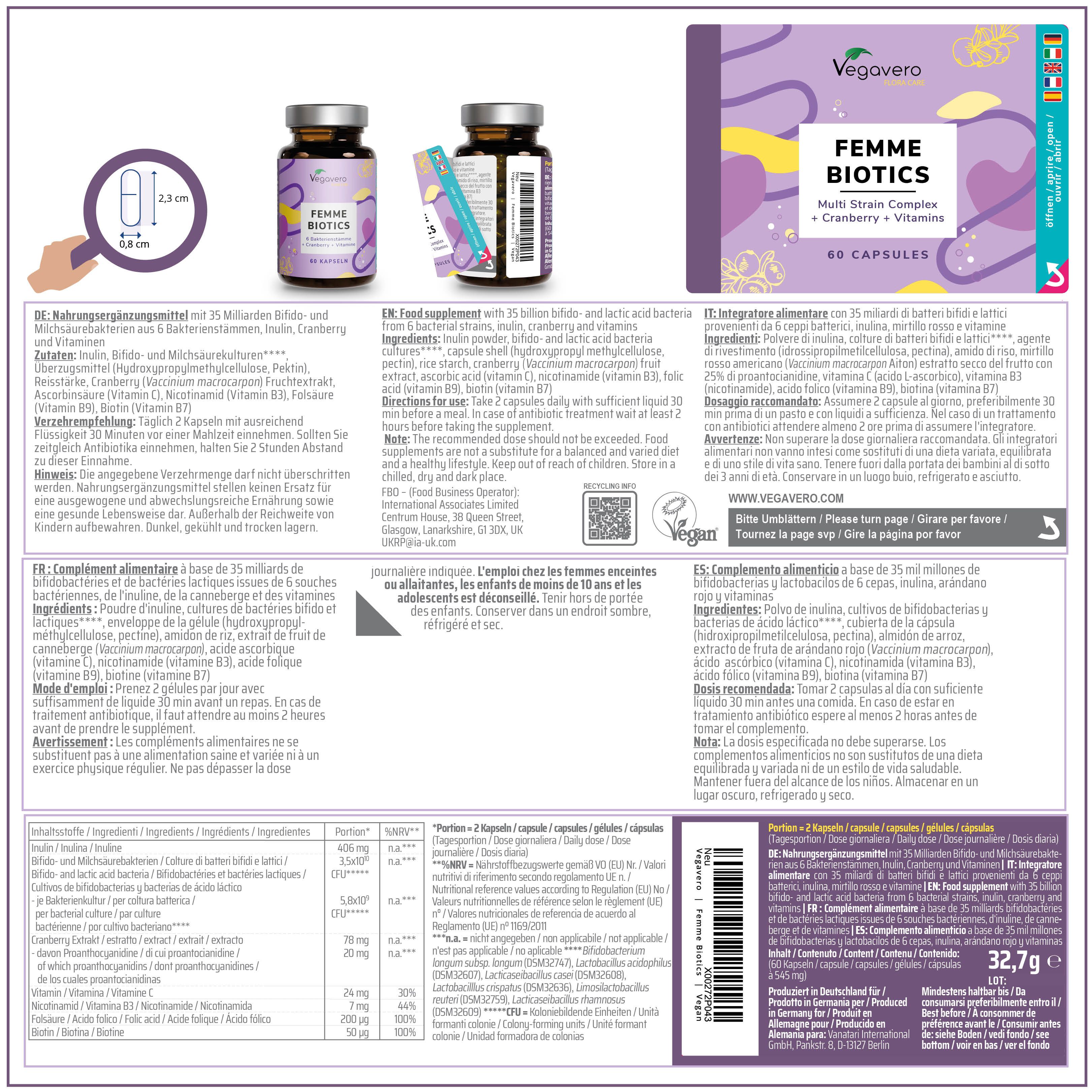 Confezione del prodotto con informazioni. Contiene un flacone FEMME BIOTICS, un foglietto illustrativo e una scatola.