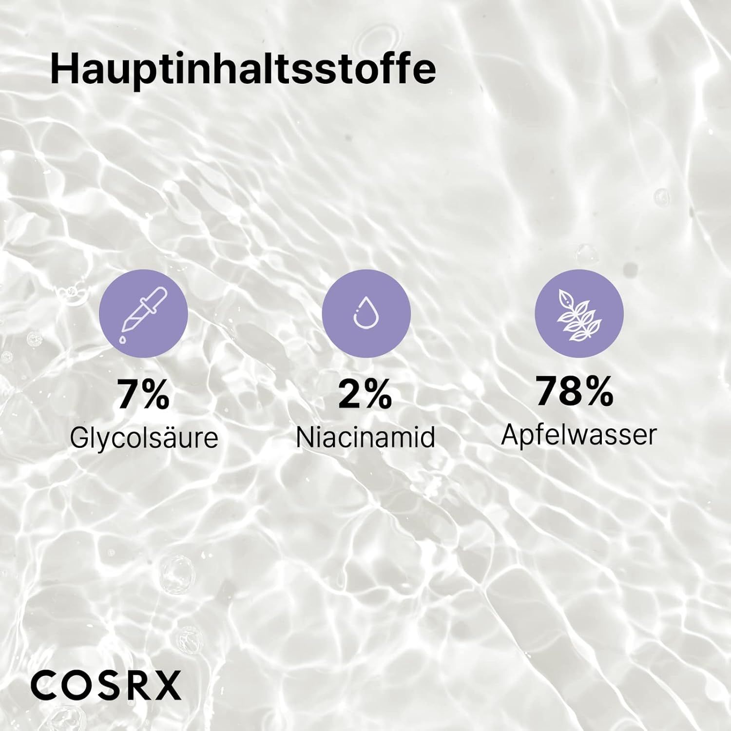 Grafico con ingredienti: 7% acido glicolico, 2% niacinamide, 78% acqua di mela. Marchio: COSRX. Su sfondo d'acqua.