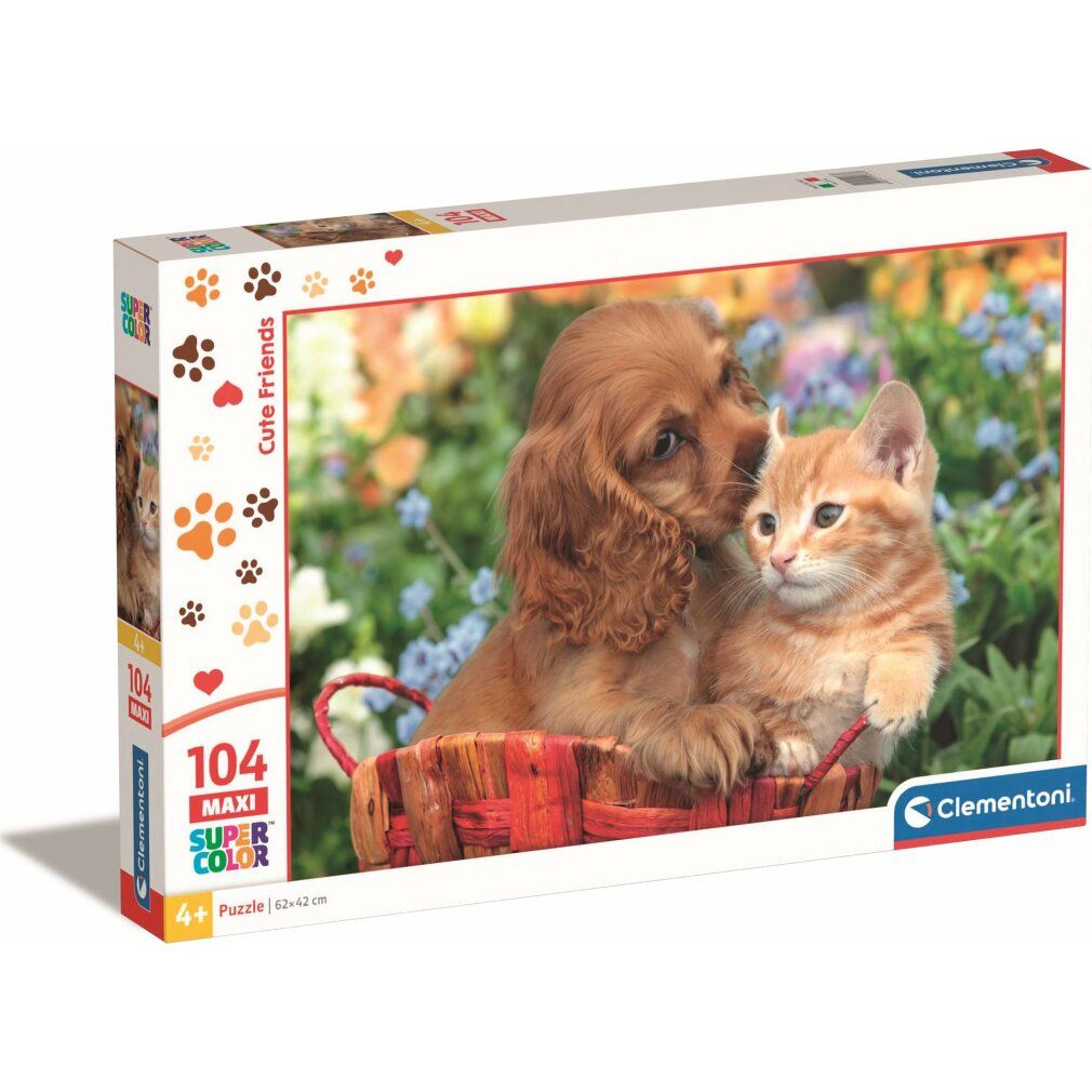 Scatola puzzle con immagine di cane e gatto nel cesto. Scritta: 104 Maxi, Clementoni.