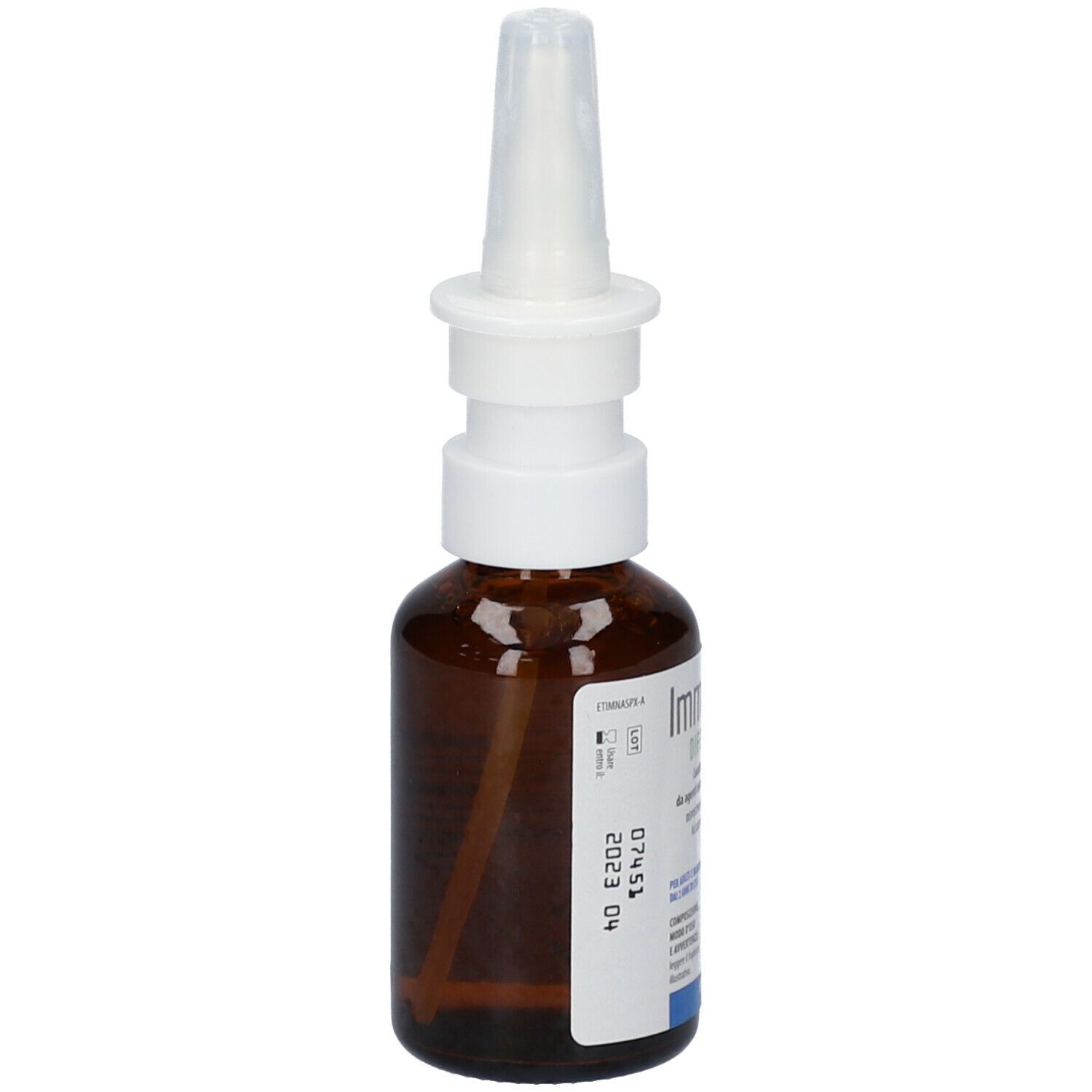 Flacone di vetro marrone con applicatore nasale. Etichetta con testo e data di scadenza. Marchio CE.