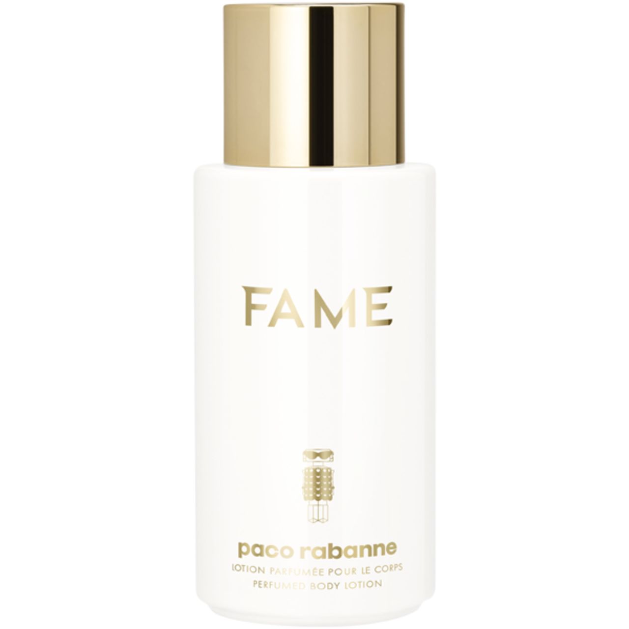 Flacone bianco con tappo dorato. Scritta "FAME" e "paco rabanne". Lozione corpo profumata.