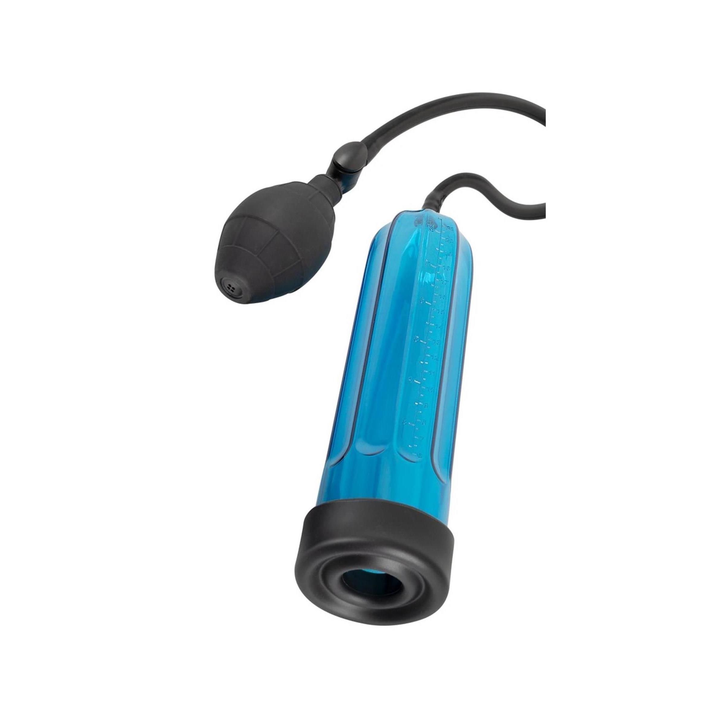 Cilindro blu con pompa e tubo neri. Base nera. Vista prospettica.