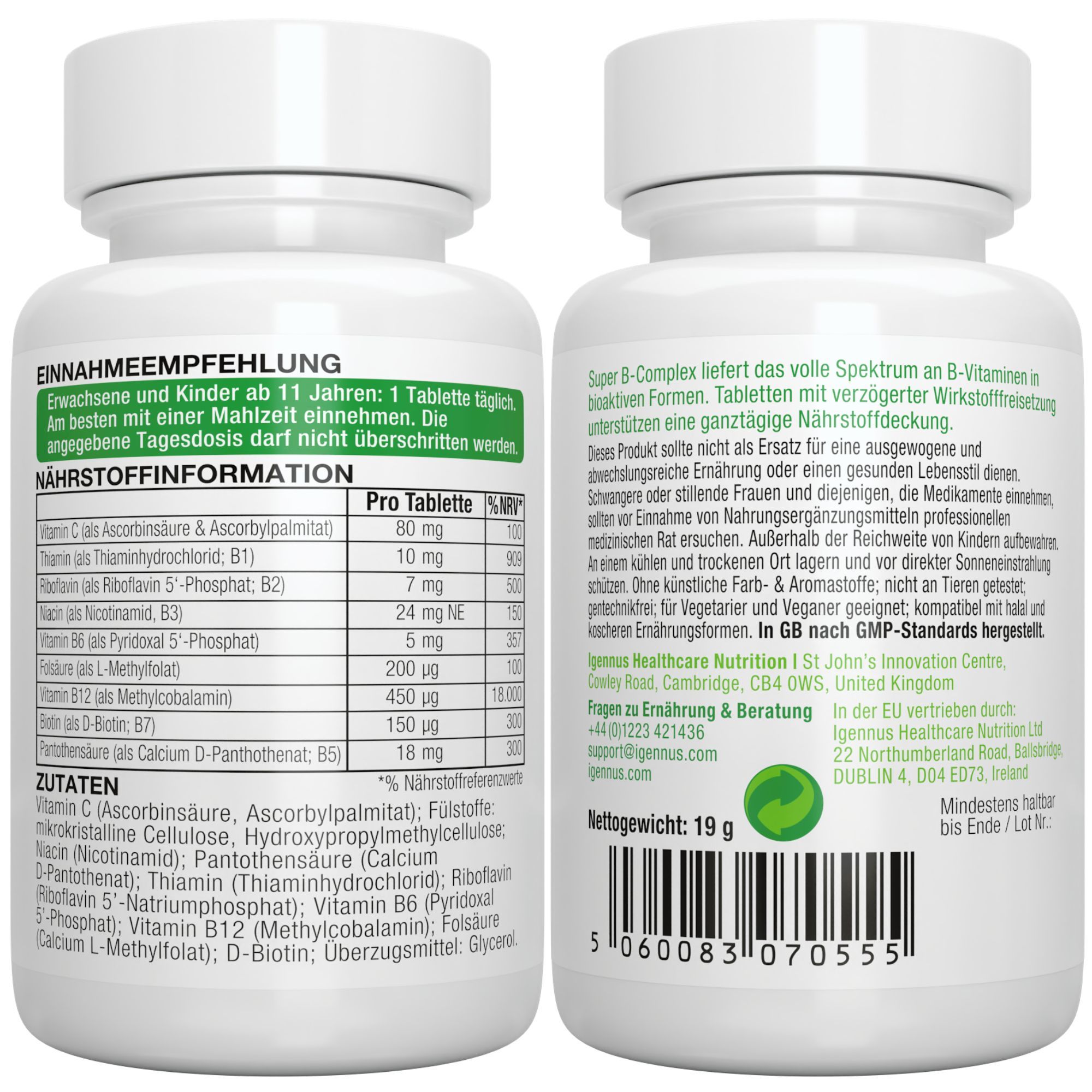 Igennus Super B-Komplex: Flacone da 60 compresse, vitamine B metilate e vitamina C.
