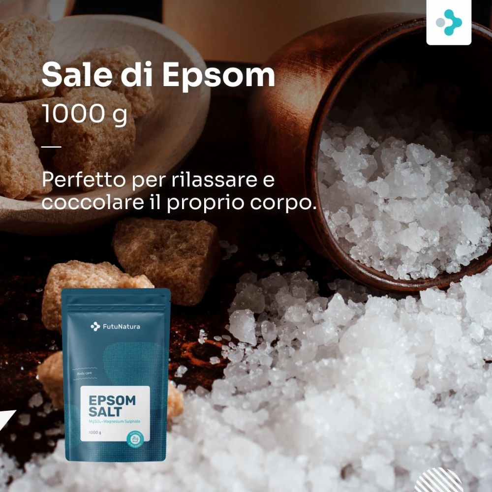 Confezione del prodotto FutuNatura Sale di Epsom. Accanto, sale di Epsom in una ciotola e cubetti. Testo: Sale di Epsom, 1000 g.