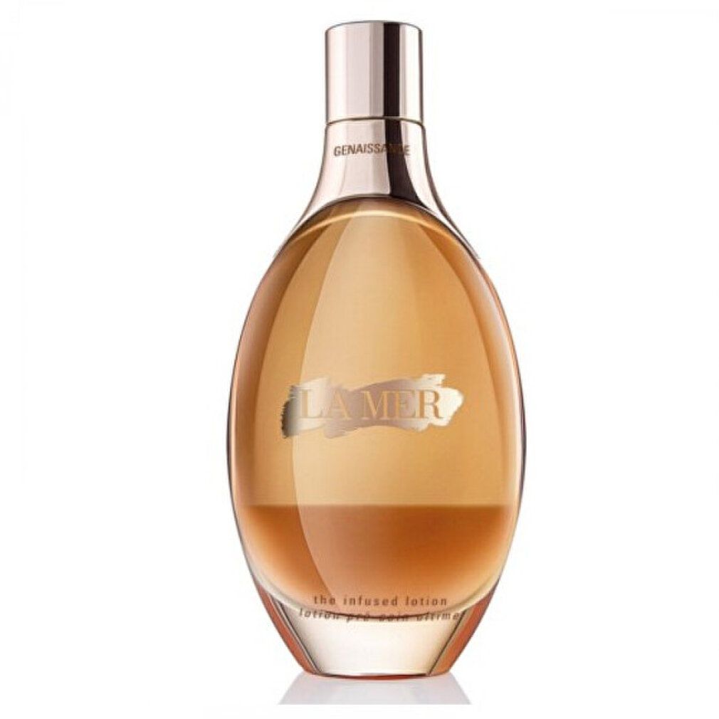 Flacone marrone con tappo dorato. Scritta "LA MER". Testo: "the infused lotion".