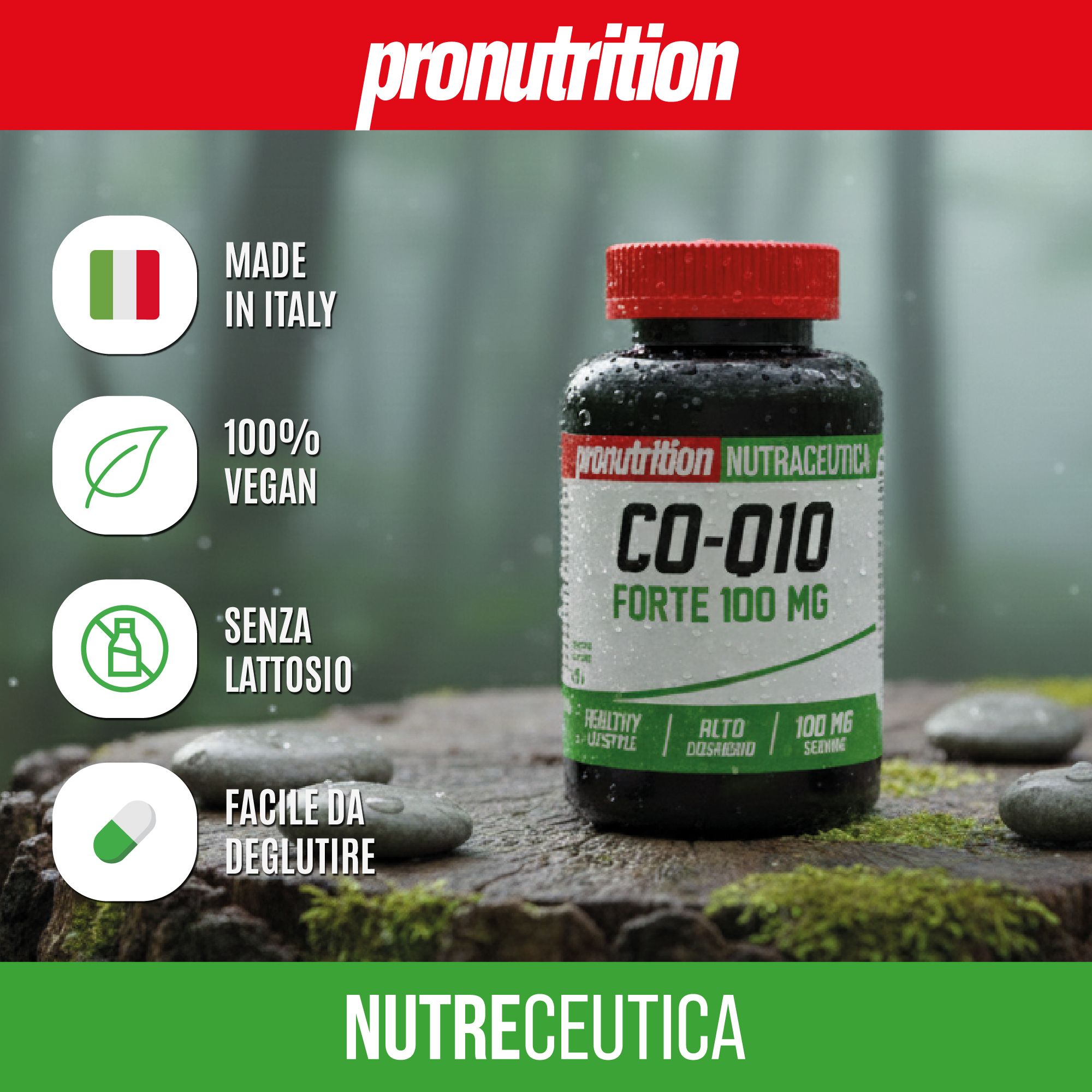 Flacone nero, tappo rosso. Scritta CO-Q10 Forte 100 mg. Testo: MADE IN ITALY, 100% VEGAN, SENZA LATTOSIO.