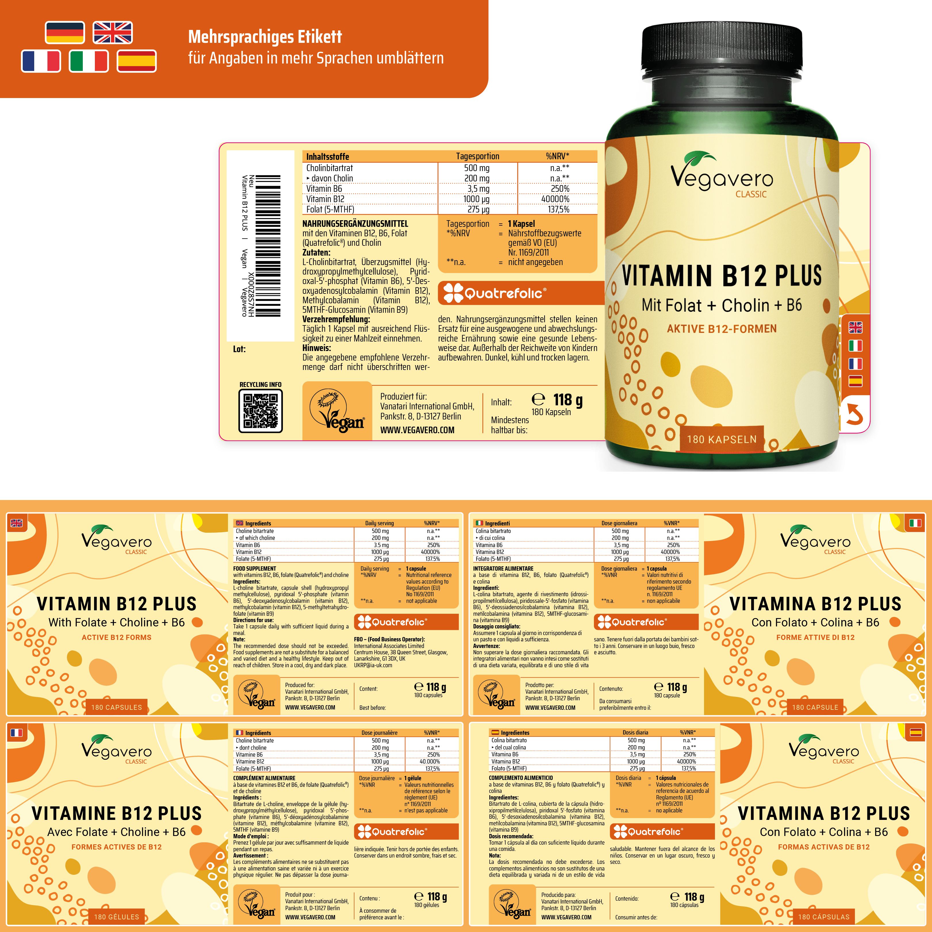 Confezione del prodotto con bottiglia ed etichette. Scritta: Vitamina B12 Plus, 180 capsule. Marchio: Vegavero.