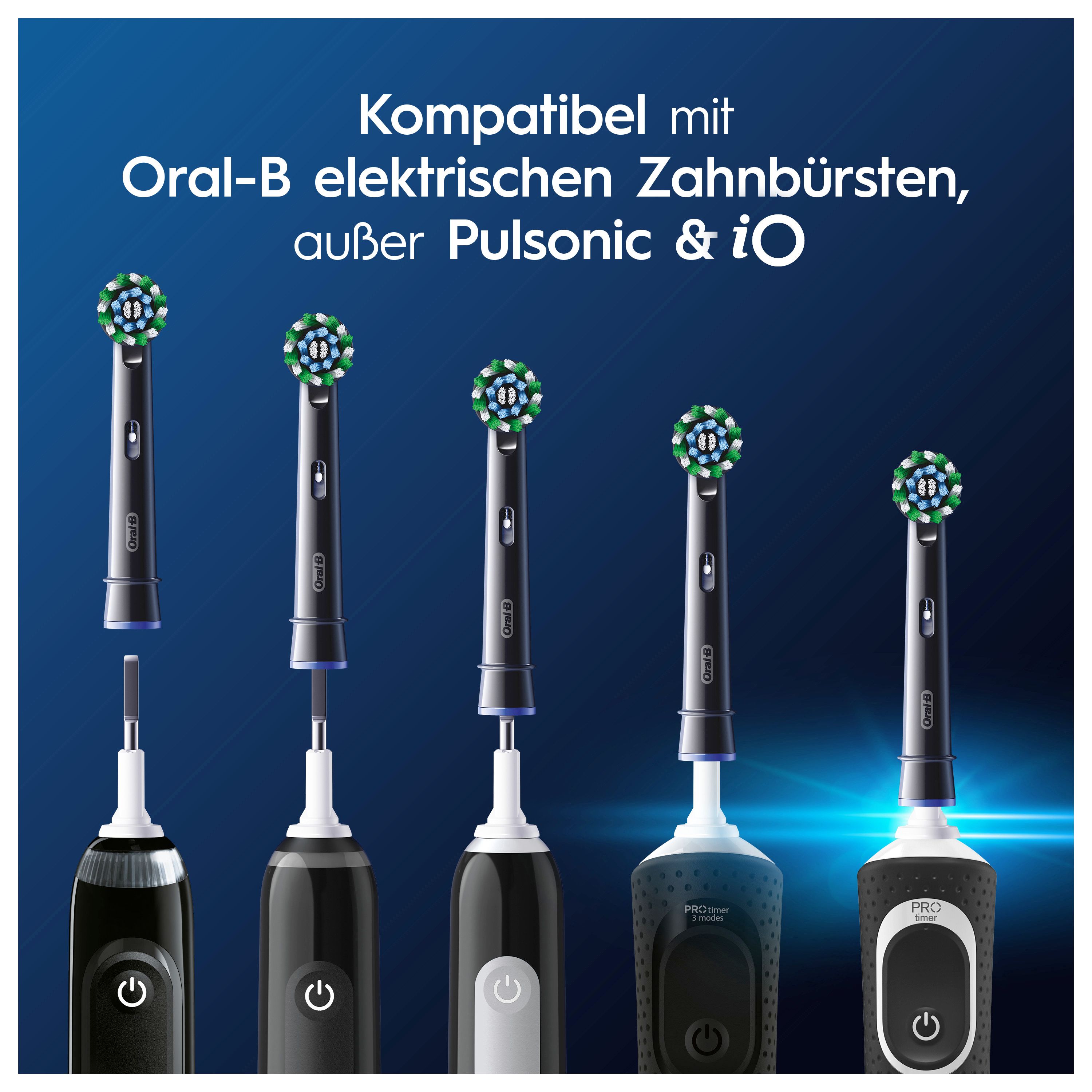 Diversi spazzolini elettrici Oral-B. Compatibile con tutti i modelli tranne Pulsonic & iO. Sfondo nero.