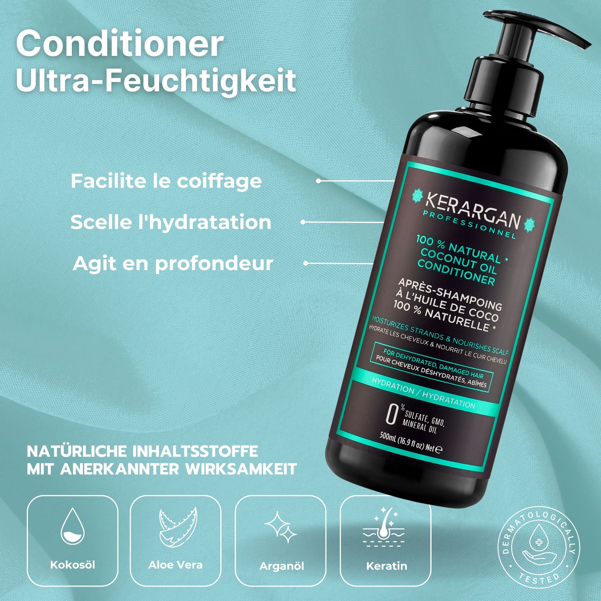 Kerargan - Duo Shampoo & Balsamo Olio di Cocco - Capelli Disidratati - Senza solfati, OGM