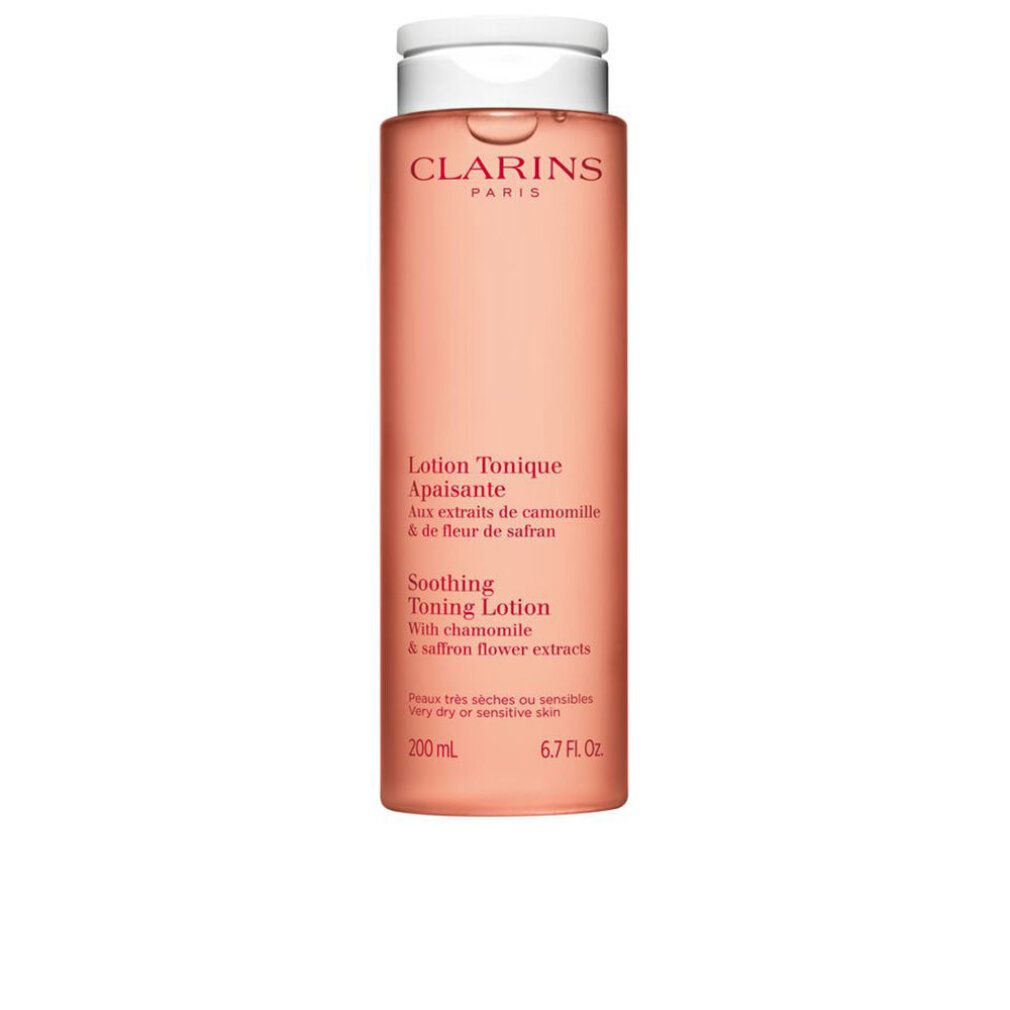 Flacone rosa con tappo bianco. Testo: Clarins, Lotion Tonique Apaisante, 200 ml. Per pelli secche o sensibili.