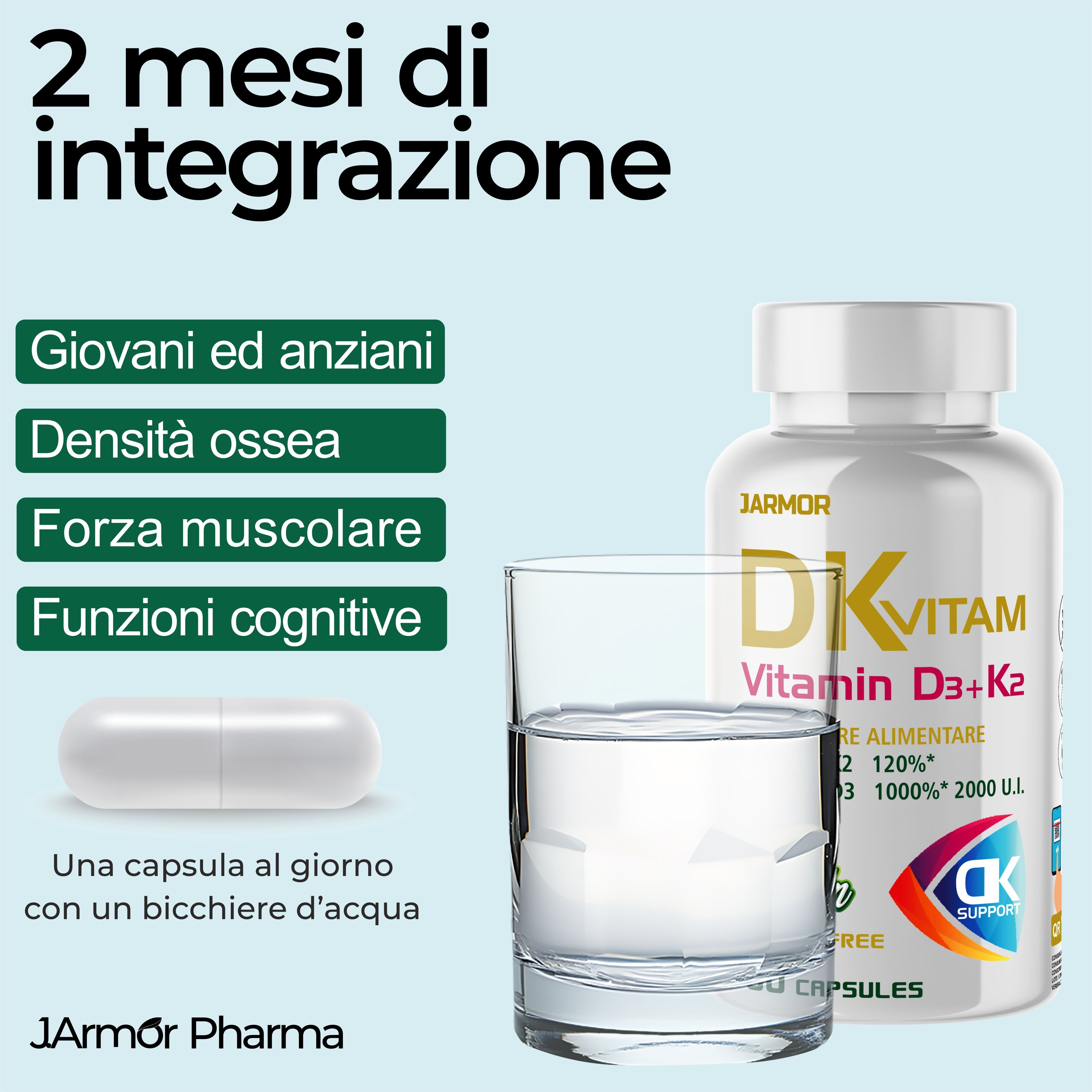 Flacone prodotto, bicchiere d'acqua, capsula. Testo: 2 mesi di integrazione. Per giovani e anziani, densità ossea, forza muscolare.