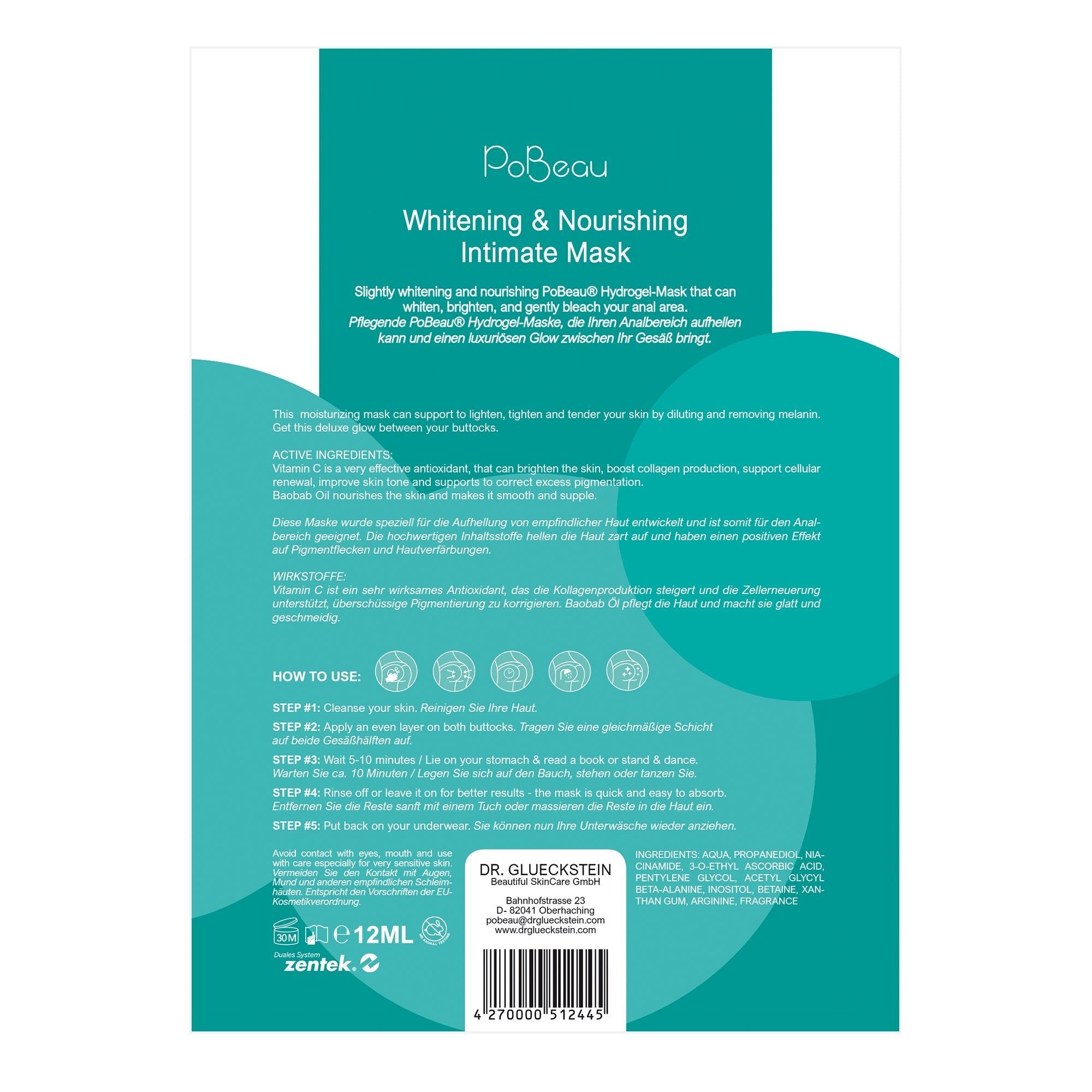 Retro della maschera intima Pobeau. Testo: Whitening & Nourishing Intimate Mask. Istruzioni per l'uso, ingredienti, informazioni sul produttore e codice a barre.