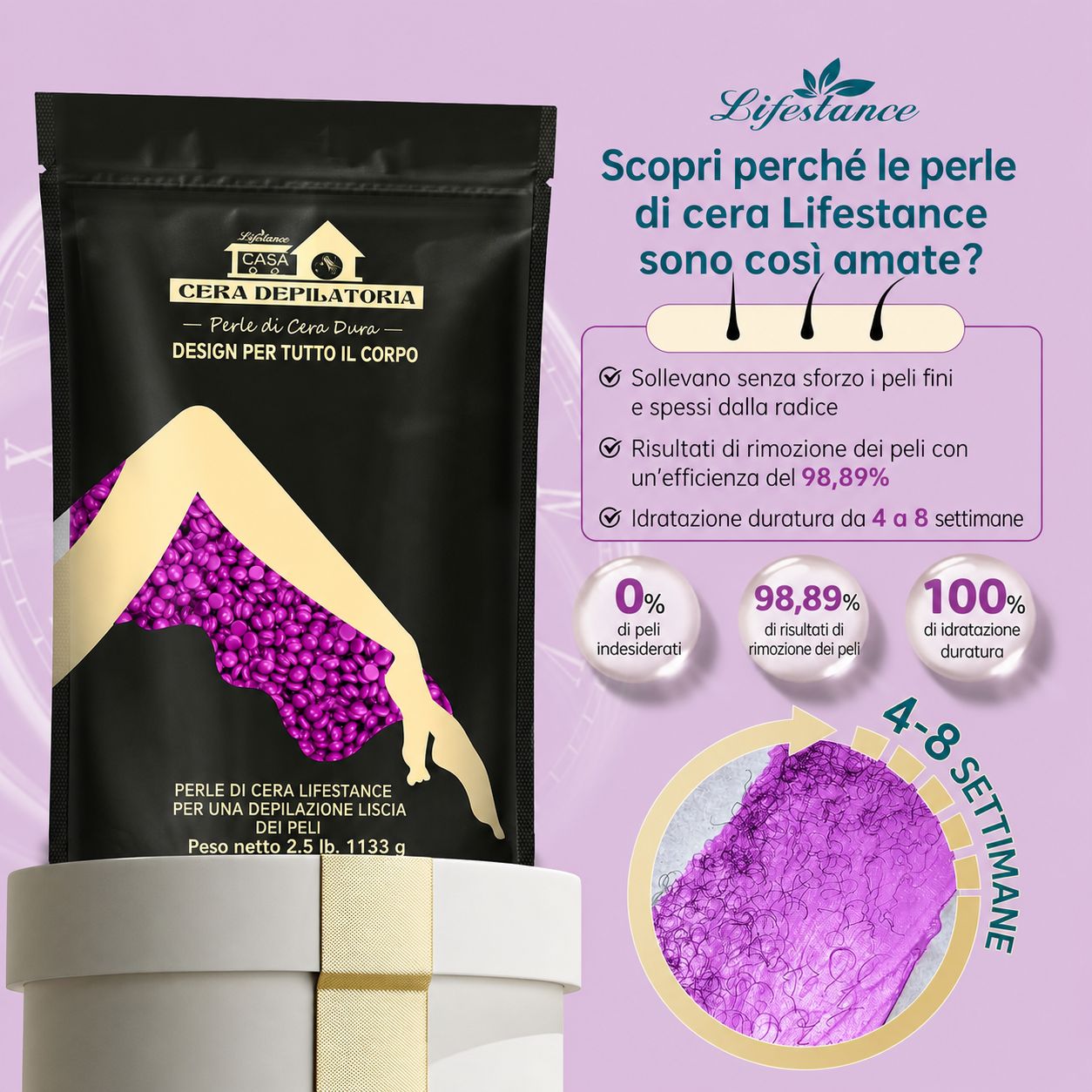 Confezione nera con perle di cera viola. Testo: Lifestance, Cera Depilatoria, Design per tutto il corpo. 2.5 lb.