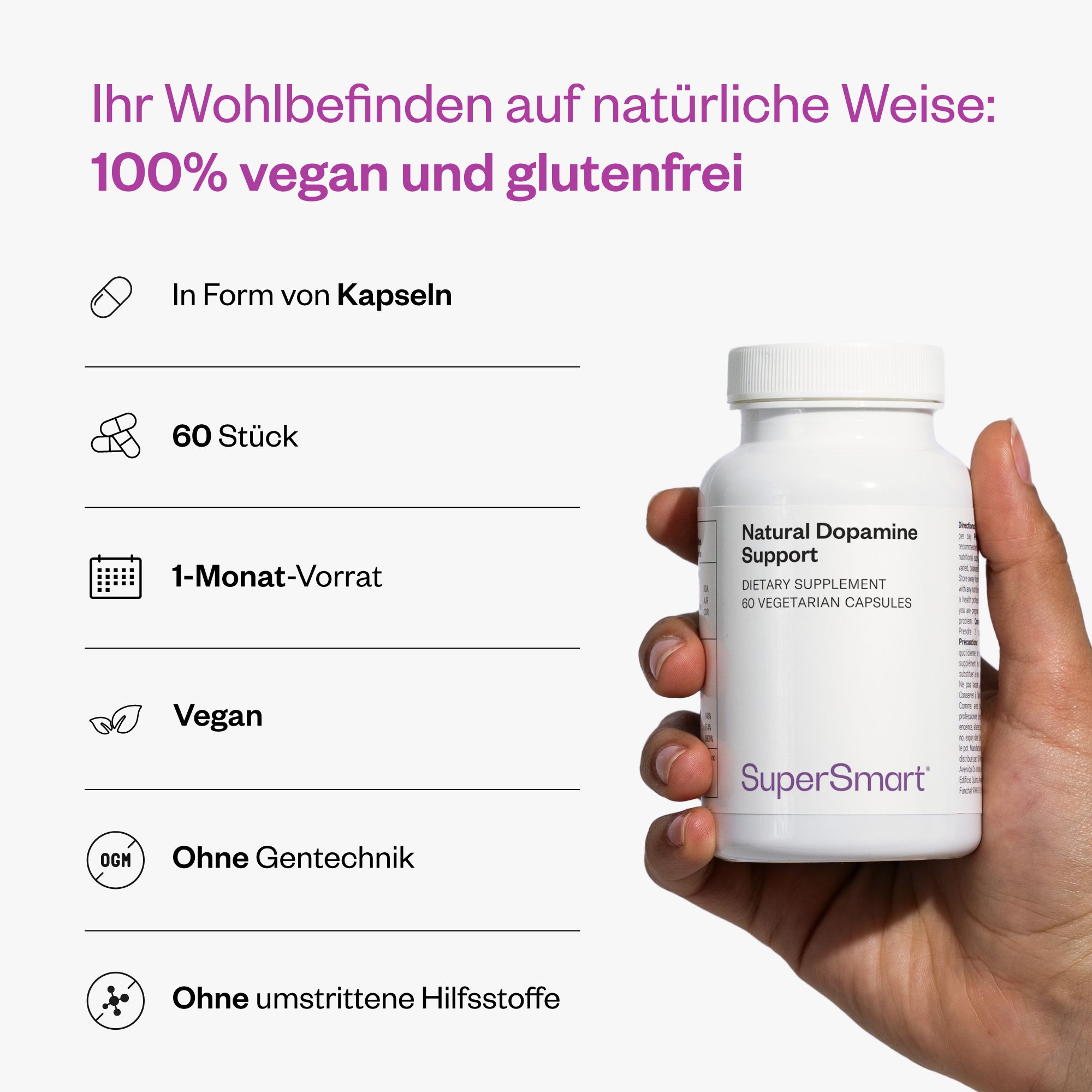 Una mano tiene una bottiglia bianca con etichetta "Natural Dopamine Support" e "SuperSmart". 60 capsule vegetariane.