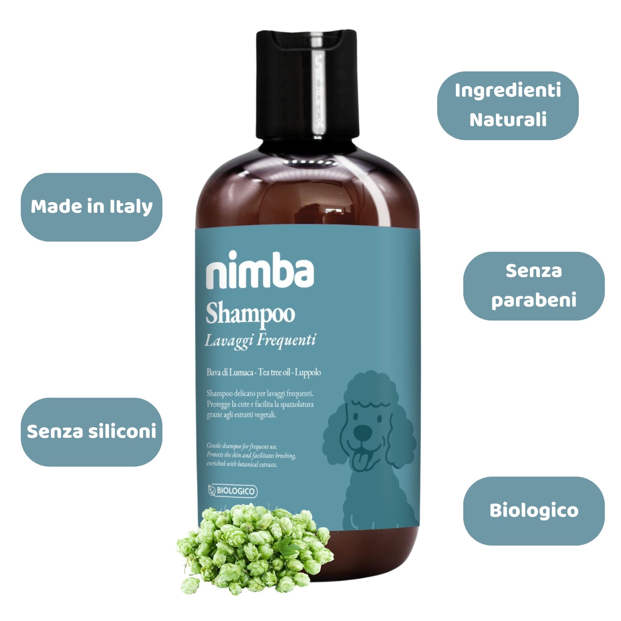 Flacone marrone con tappo nero. Etichetta con informazioni prodotto e icone: Senza siliconi, parabeni, Made in Italy, Biologico.