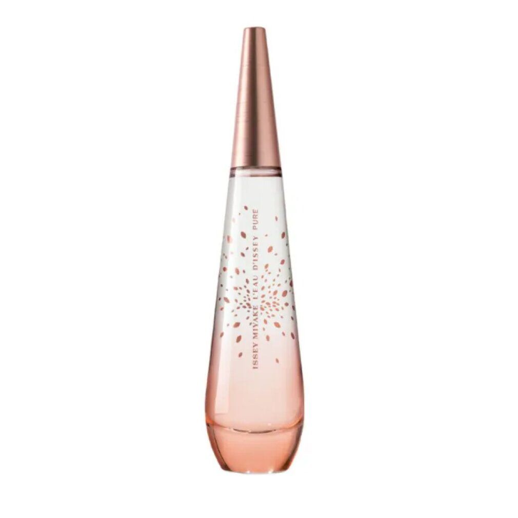 Flacone di profumo a goccia, sfumatura rosa, tappo color rame. Scritta: Issey Miyake L'Eau d'Issey Pure.