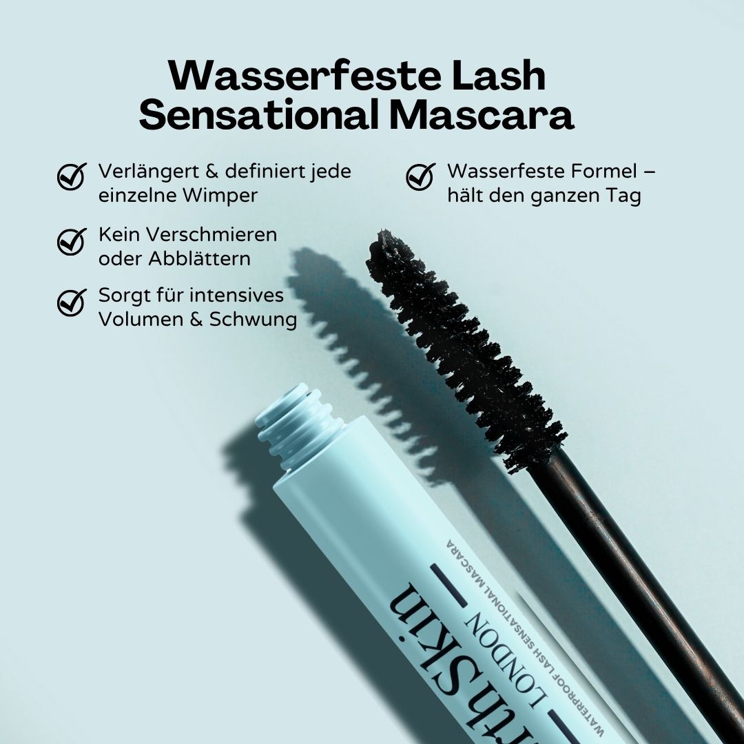 Mascara ErthSkin London: flacone e scovolino azzurri con testi tedeschi su allungante, definente, waterproof.