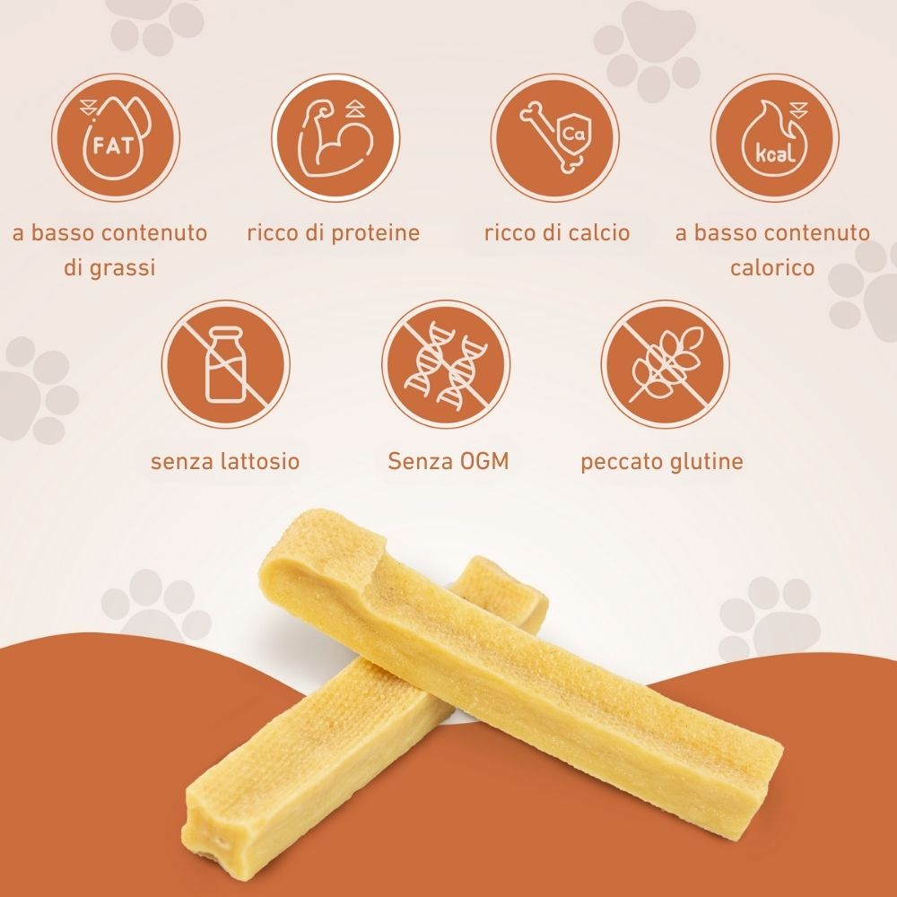 Bastoncini masticabili in formaggio a pasta dura. Icone: a basso contenuto di grassi, ricco di proteine, ricco di calcio, a basso contenuto calorico, senza lattosio, senza OGM, senza glutine.