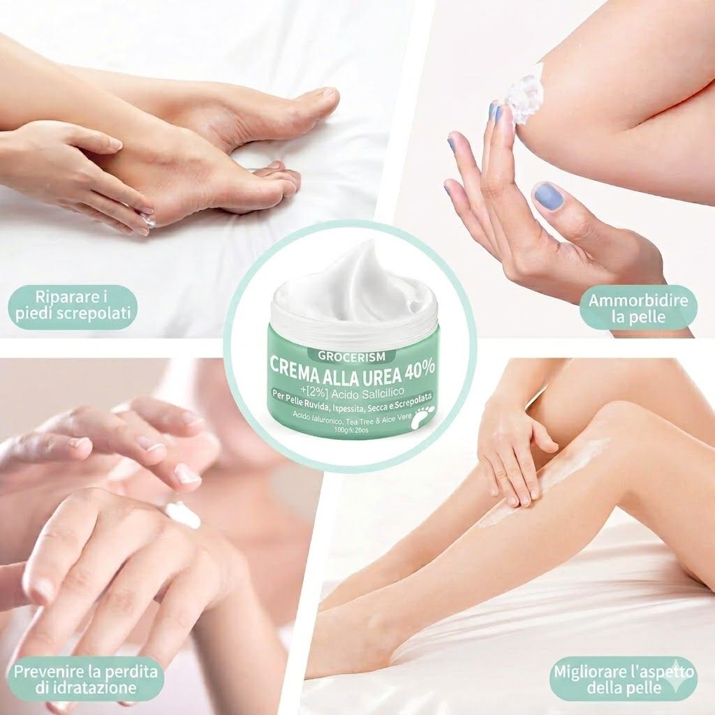 Diverse immagini mostrano l'applicazione della crema. Piedi, mani, braccia. Al centro: vasetto di crema. Didascalia: Prevenire la perdita di idratazione.