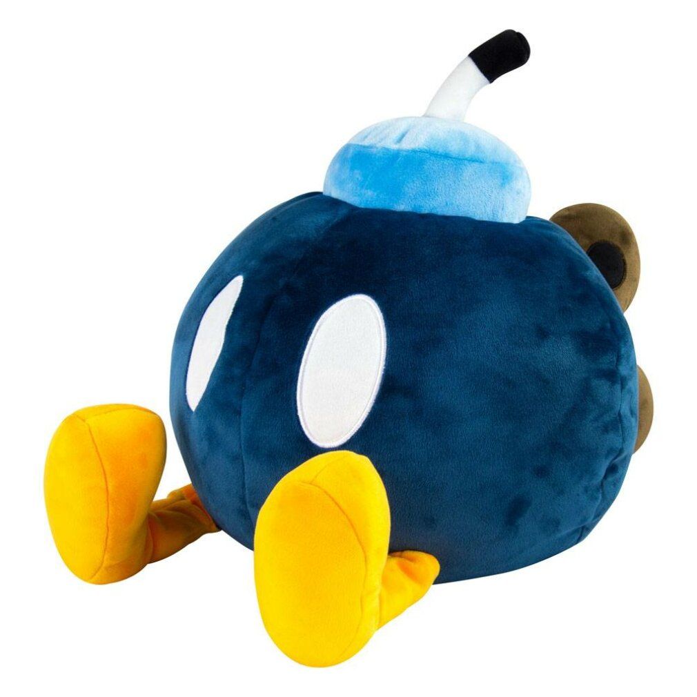 Peluche Bob-omb blu con piedi gialli, lati marroni e dettagli bianchi. Stoppino blu e bianco in cima.
